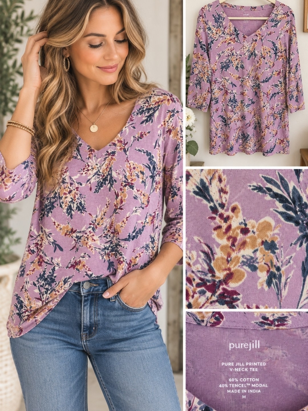 Pure Jill Floral V-Neck Top Lavender Purple 3/4 Sleeve Sz M Cottagecore Feminine